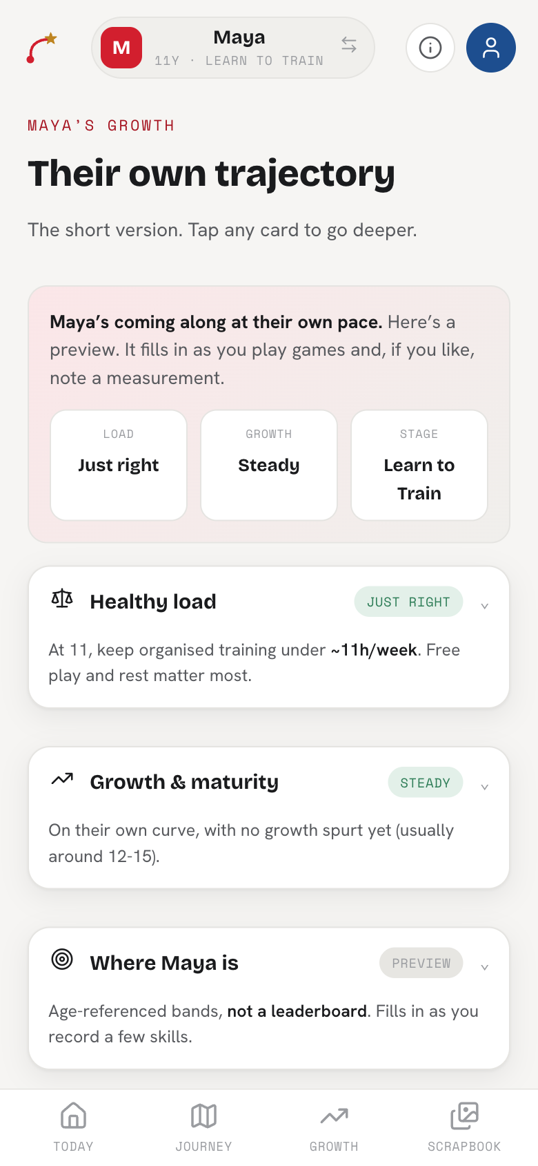 HappyElite Growth screen titled Their own trajectory: healthy load, growth and stage in plain words