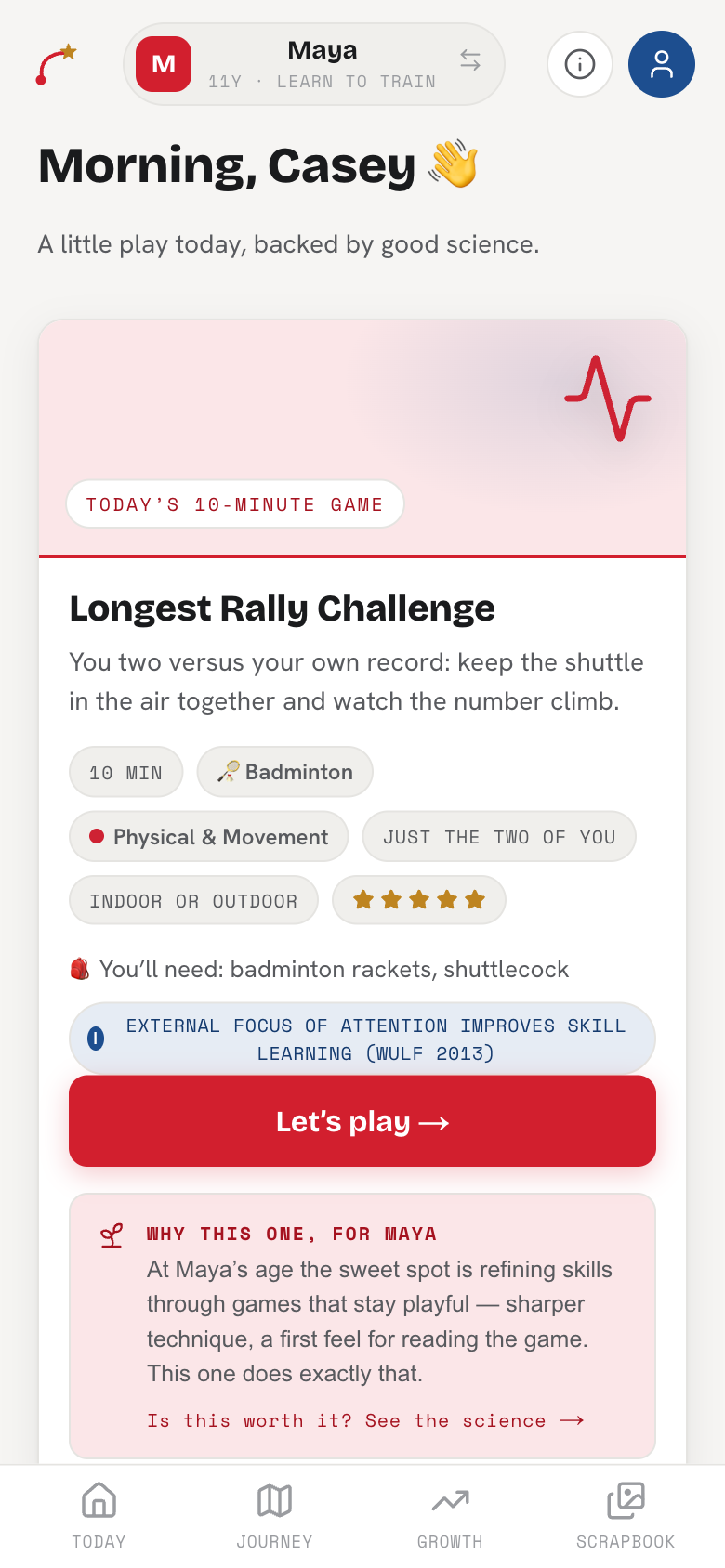 HappyElite Today screen: a ten-minute badminton game picked for an eleven-year-old, with equipment, pillar and the research behind it